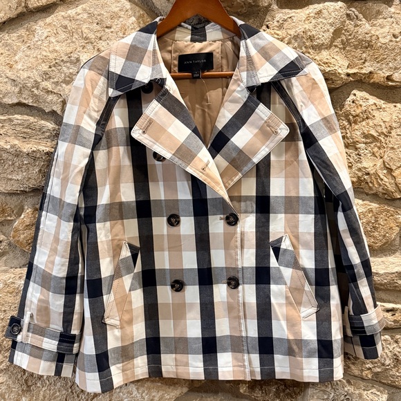 Ann Taylor Black Tan White Cotton Plaid Pea Coat Jacket sz Sm